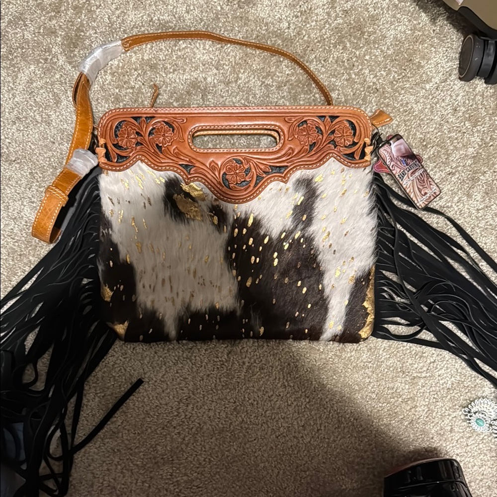 Fringed faux Leather and faux Cowhide Bag brand new